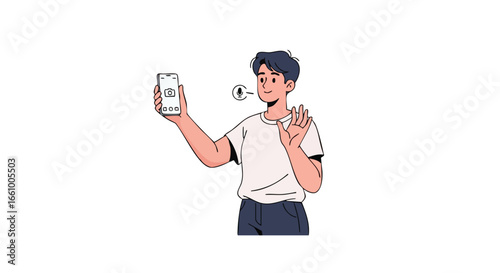 Charming young man engaging in a vibrant mobile video call, radiating friendly warmth and enthusiasm through digital communication