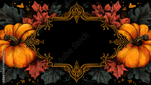 Vibrant 1920s Halloween art design featuring bold orange pumpkins surrounded by colorful autumn leaves and intricate decorative elements