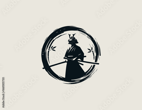 A formidable samurai warrior silhouette holding two katanas within a circular brush stroke. Japanese culture concept