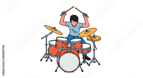 Enthusiastic drummer performing rhythmic beats on drum kit with energy and passion as a musician making music in the style of a cartoon performance