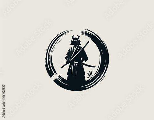 A formidable samurai warrior silhouette holding two katanas within a circular brush stroke. Japanese culture concept