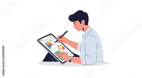 Digital strategist developing data visualizations on a tablet with stylus for modern business project, analyzing market trends and creative solutions