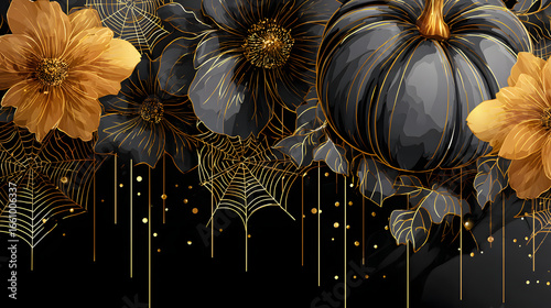 Elegant 1920s Halloween art features golden flowers and dark pumpkin surrounded by intricate spider webs creating captivating atmosphere