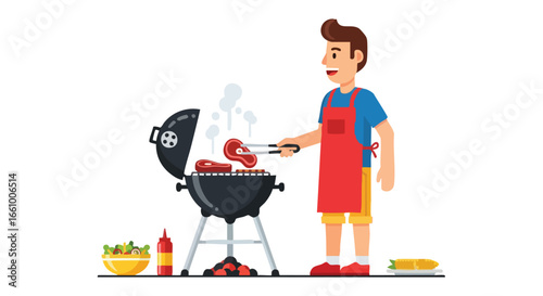 Cheerful man grilling meat on charcoal barbecue at home enjoying a summer day with grilled food illustration vector perfect for family and food