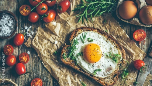 Fried egg on toasted bread with herbs and cherry tomatoes.