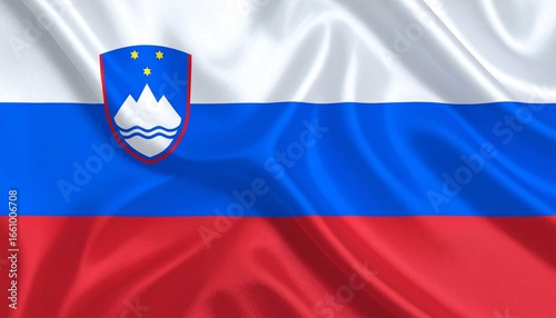 Slovenian national flag with white, blue, and red horizontal stripes and coat of arms featuring Mount Triglav, rivers, and three golden stars. Free Download Slovenian national flag with white, blue, and red horizontal stripes and coat of arms featuring Mount Triglav, rivers, and three golden stars. - GFXLoad