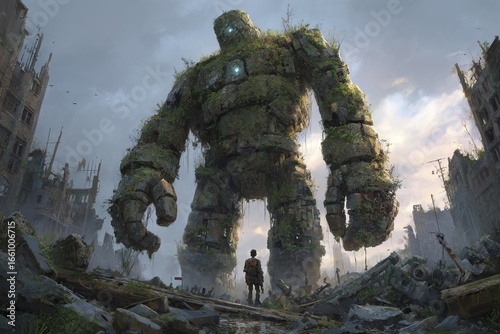 Towering Golem Constructed from Crumbling City Rubble: Enhanced Dystopian Art