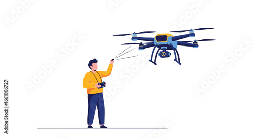 Digital illustration showcasing a person skillfully piloting a modern drone with a camera during an aerial survey flight activity