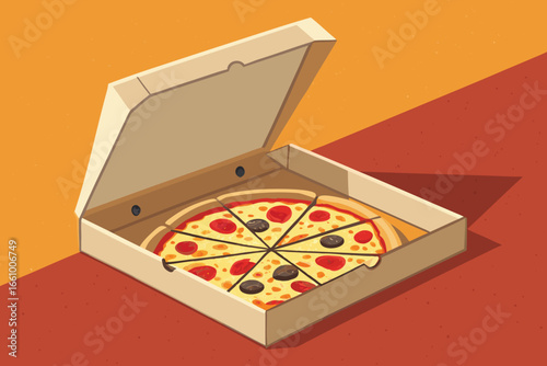 A large, opened pizza box reveals delicious slices inside, presented flat.