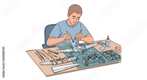 Young man meticulously building a model airplane at his desk with focused attention and precision showcasing dedication to his hobby and intricate