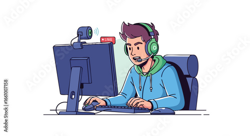 Live stream gaming concept illustration featuring a focused young man with headset playing on a computer for esports broadcasting