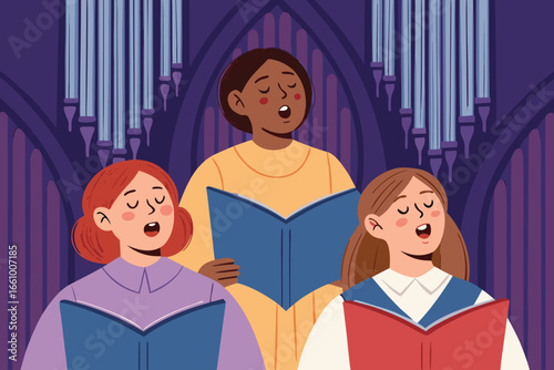 A powerful choir, voices soaring, against a backdrop of imposing, grand organ pipes, conveying solemnity and artistic expression.