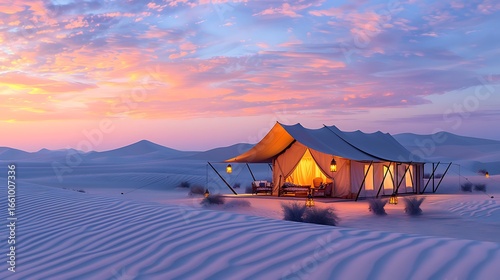 Desert luxury tent camp at sunset illuminated interior sand dunes and vibrant sky
