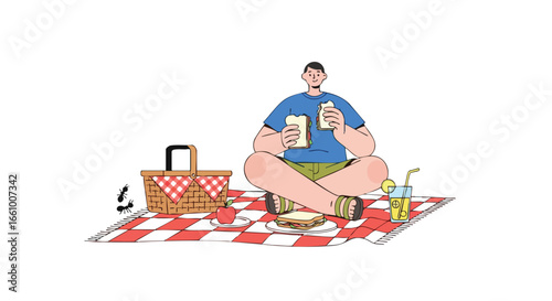 Relaxing summer picnic with homemade sandwiches and refreshing citrus drink on checkered blanket outdoors