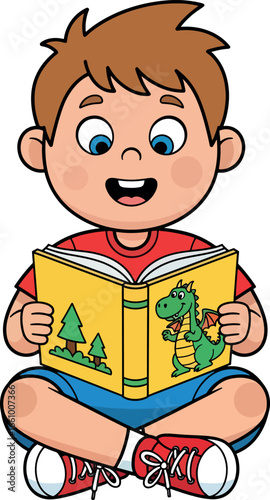 Cartoon Boy Reading Book  Kids Story Time Illustration