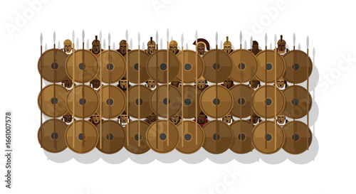 Dense Formation of Ancient Warriors with Shields and Spears Preparing for Battle Positioned Against White Backdrop