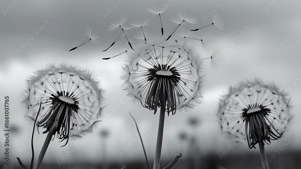 Obraz premium Lonely dandelion with flying seeds in the wind. Symbol of sadness, grief, solitude and fleeting life. Poetic and emotional nature background for loss, mourning and farewell themes