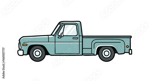 Illustrated vintage pickup truck in light blue with black outlines offering a nostalgic aesthetic that is reminiscent of classic transportation design