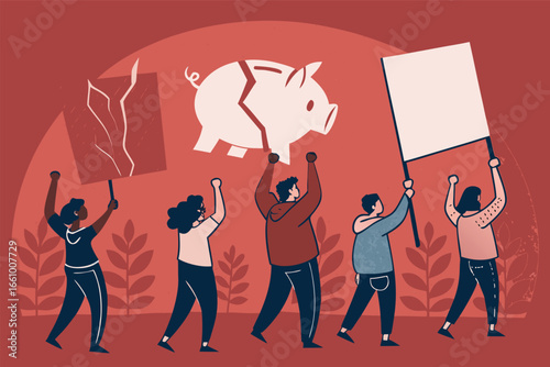 Citizens protest with banners showing a cracked piggy bank, symbolizing economic hardship and financial distress.