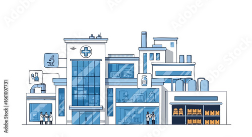 Medical complex in outline style portraying hospital, laboratory, and pharmaceutical manufacturing buildings in light blue shades