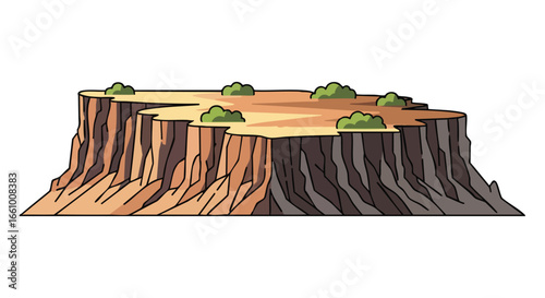 Stylized arid plateau with cliffside facade and scattered shrub vegetation evoking a desert illustration, with isolated backdrop