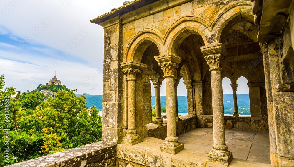 Fototapeta premium Stone archway overlooking a landscape