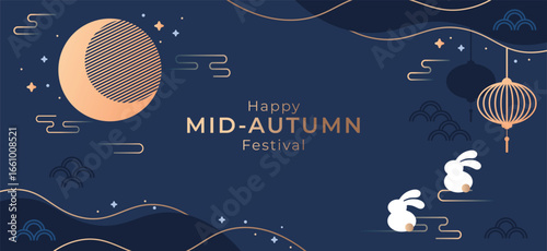 Mid-autumn festival elegant vector template with two cute rabbits admiring the golden full moon on a deep blue background decorated with abstract wave patterns.