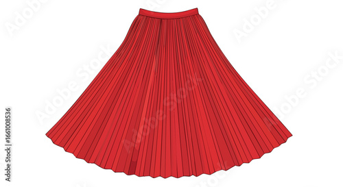 Vibrant vermillion pleated skirt illustration showcases elegant design and simple aesthetic over clean backdrop highlighting fashion item 92