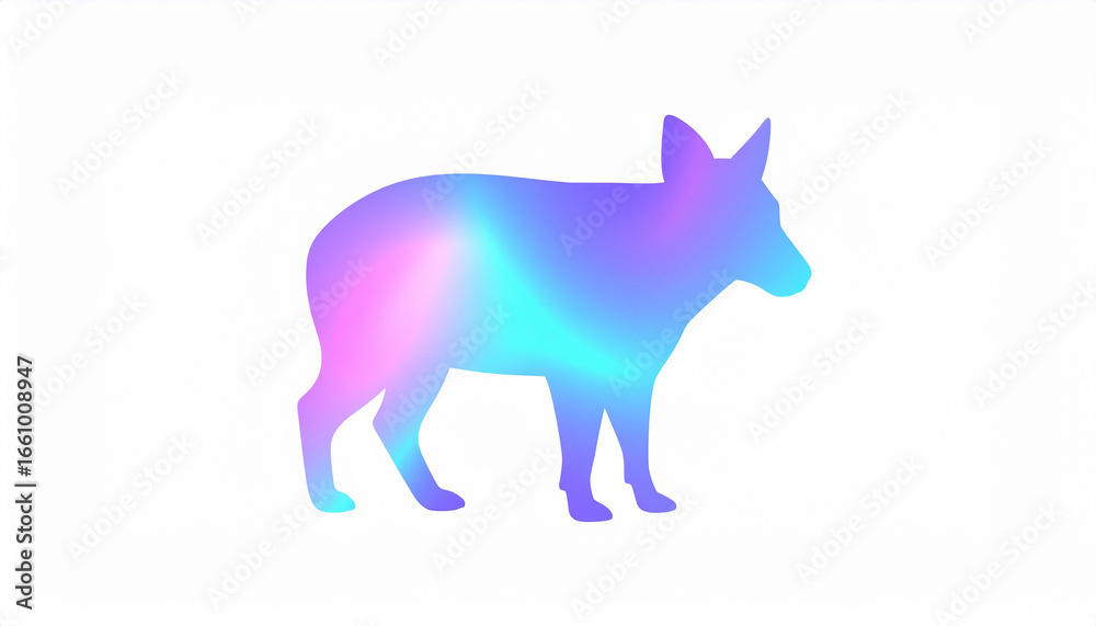 Fototapeta premium Stylized animal silhouette standing in profile, filled with a vibrant, psychedelic holographic gradient of neon pink and blue, isolated on white.