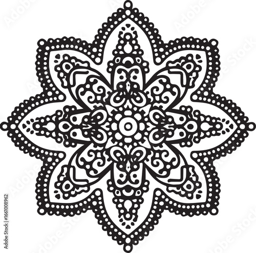 Ornate Mandala Design: An intricate mandala, with a radial design, showcasing complex patterns and details, ideal for spiritual, meditative, and decorative use.