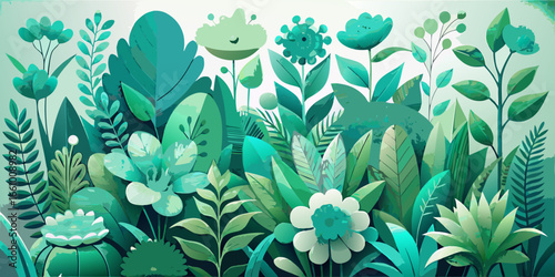 A seamless floral vector pattern of beautiful spring blossoms and leaves is arranged in a decorative, abstract design reminiscent of an underwater world