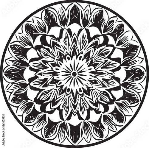 Spiritual Mandala: intricate mandala design symbolizes inner peace, harmony, and balance, a meditation tool that is artistically drawn with black ink on the circle.