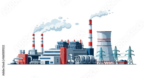 Stylized illustration of a power generation plant with cooling towers and smokestacks against a clean white backdrop