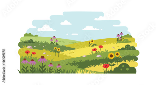 Stylized Pastoral Landscape with Summer Wildflowers and Rolling Hills Beneath a Partly Cloudy Sky, Minimalist Illustration Style