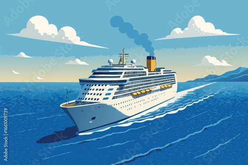 Luxury cruise ship sails into the ocean horizon.