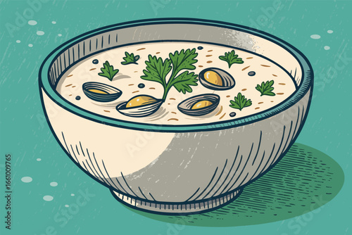 Creamy clam chowder in a rustic ceramic bowl, topped with fresh green parsley sprigs, inviting comfort food.