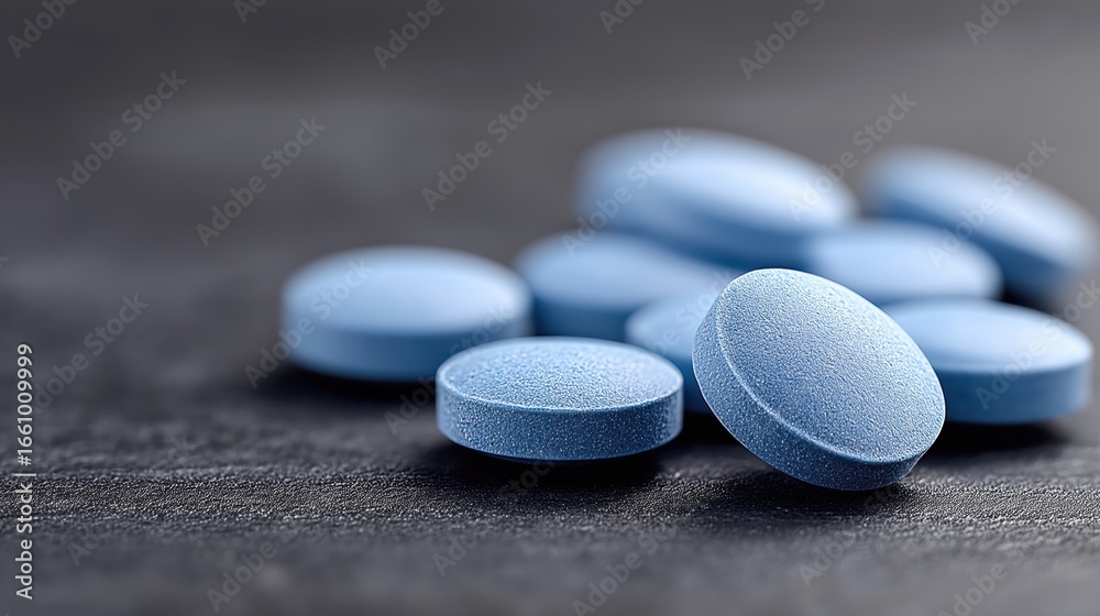 custom made wallpaper toronto digitalA close-up of blue pills scattered on a dark surface, showcasing their smooth texture and round shape, commonly used for medication.