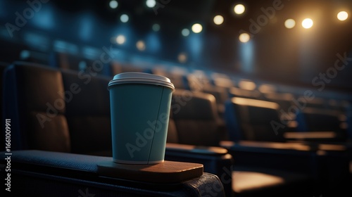 A cozy coffee cup rests on an armrest in an empty theater, illuminated by soft lights, creating a warm and inviting atmosphere.