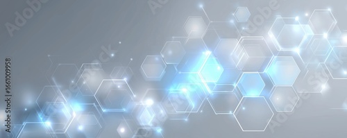 Wallpaper Mural A modern, abstract design featuring interconnected hexagons with a light blue glow against a soft gray background. Torontodigital.ca