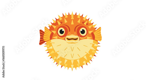 Delightful pufferfish illustration with spiky design radiating an innocent, appealing aesthetic on a clean white canvas