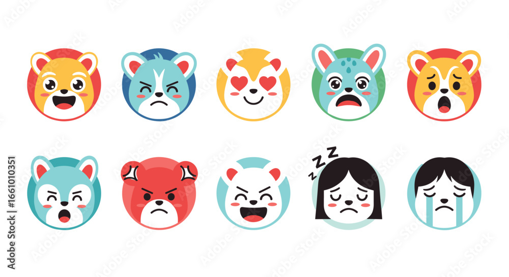 Obraz premium Collection of expressive cartoon animal and human faces showing various emotions joy sadness anger sleepy and love
