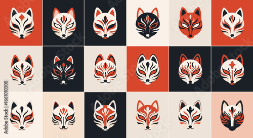 Traditional japanese kitsune fox masks featuring elaborate patterns and distinctive features in a checkerboard arrangement
