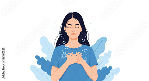 A young woman takes a deep breath feeling calm and centered amidst gentle blue leaves and bubbles