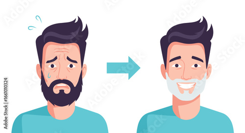 Transforming unkempt dark beard to clean white groomed facial hair showing happiness