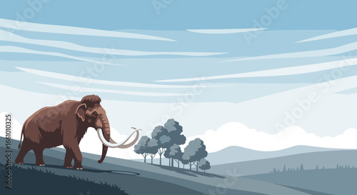 A majestic woolly mammoth roams across a vast ancient landscape under a serene blue sky