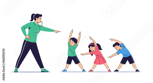 Energetic physical education teacher leading children in a fun morning exercise routine outdoors