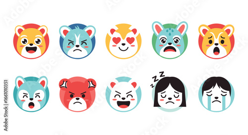 Collection of expressive cartoon animal and human faces showing various emotions joy sadness anger sleepy and love