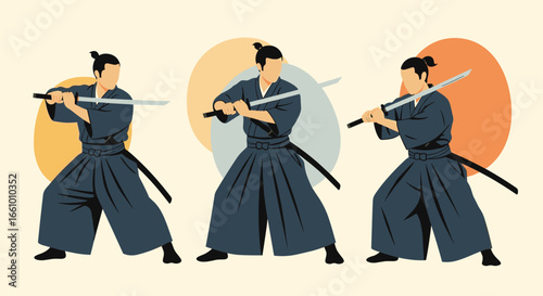 Illustrations of a warrior practicing martial arts with a sword displaying various fighting stances and movements