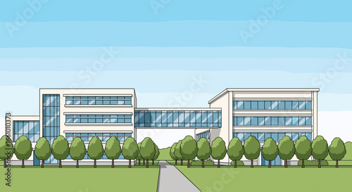 Modern educational facility with connected buildings and lush green surroundings under a clear blue sky