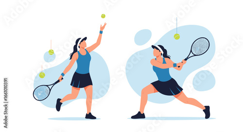 Illustrations of a female tennis player serving and hitting a forehand with tennis balls and abstract shapes